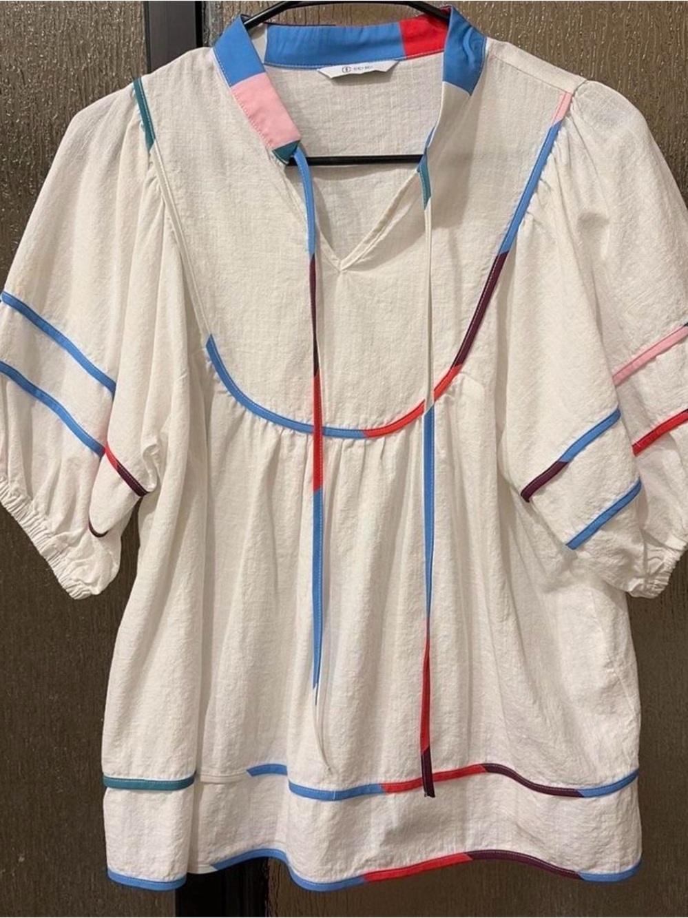 White Cotton Peasant Top with Multicolor Trim